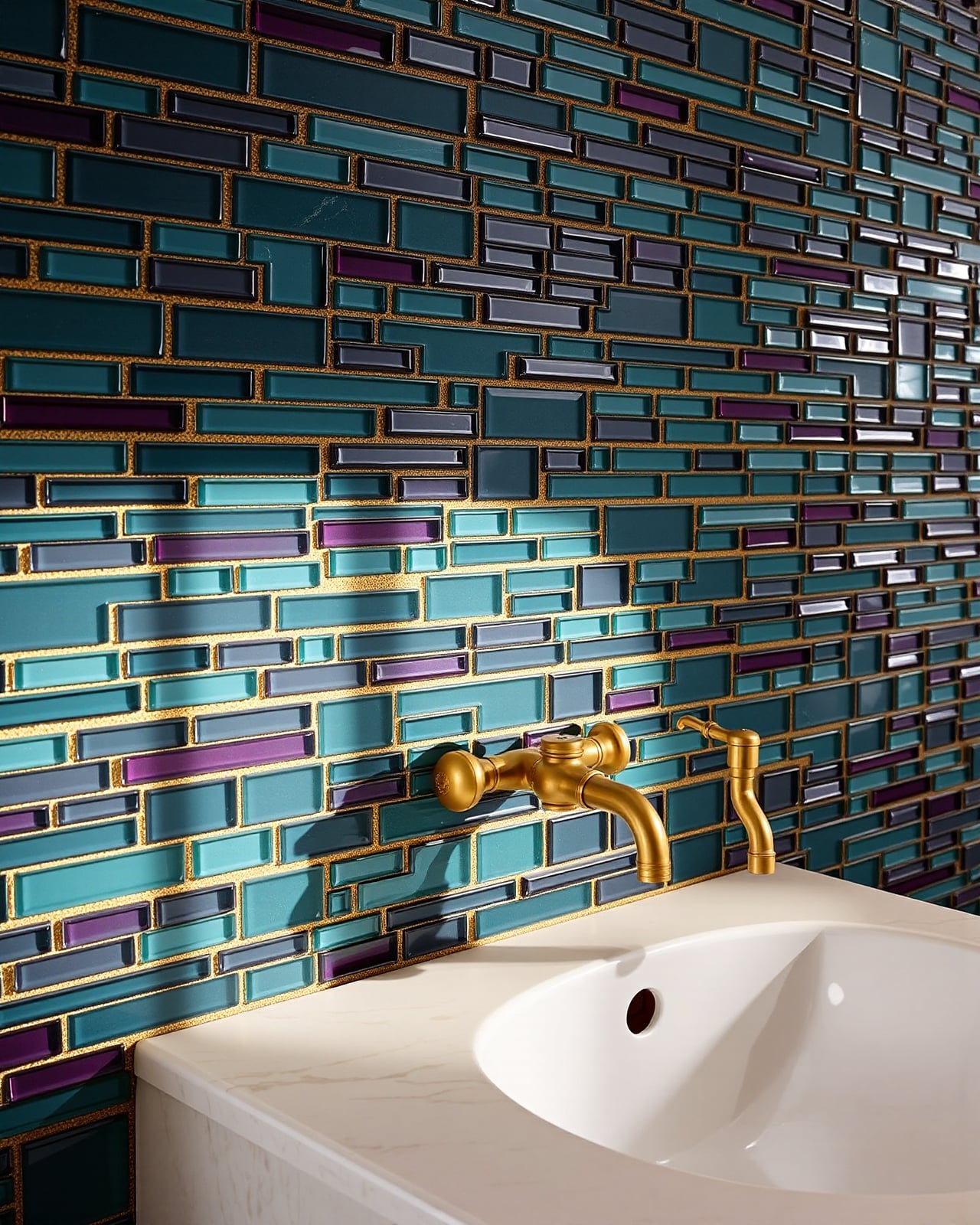 Close detail of teal and purple glass mosaic with gold grout, a hand-finished brass wall faucet arching over the white marble basin edge.