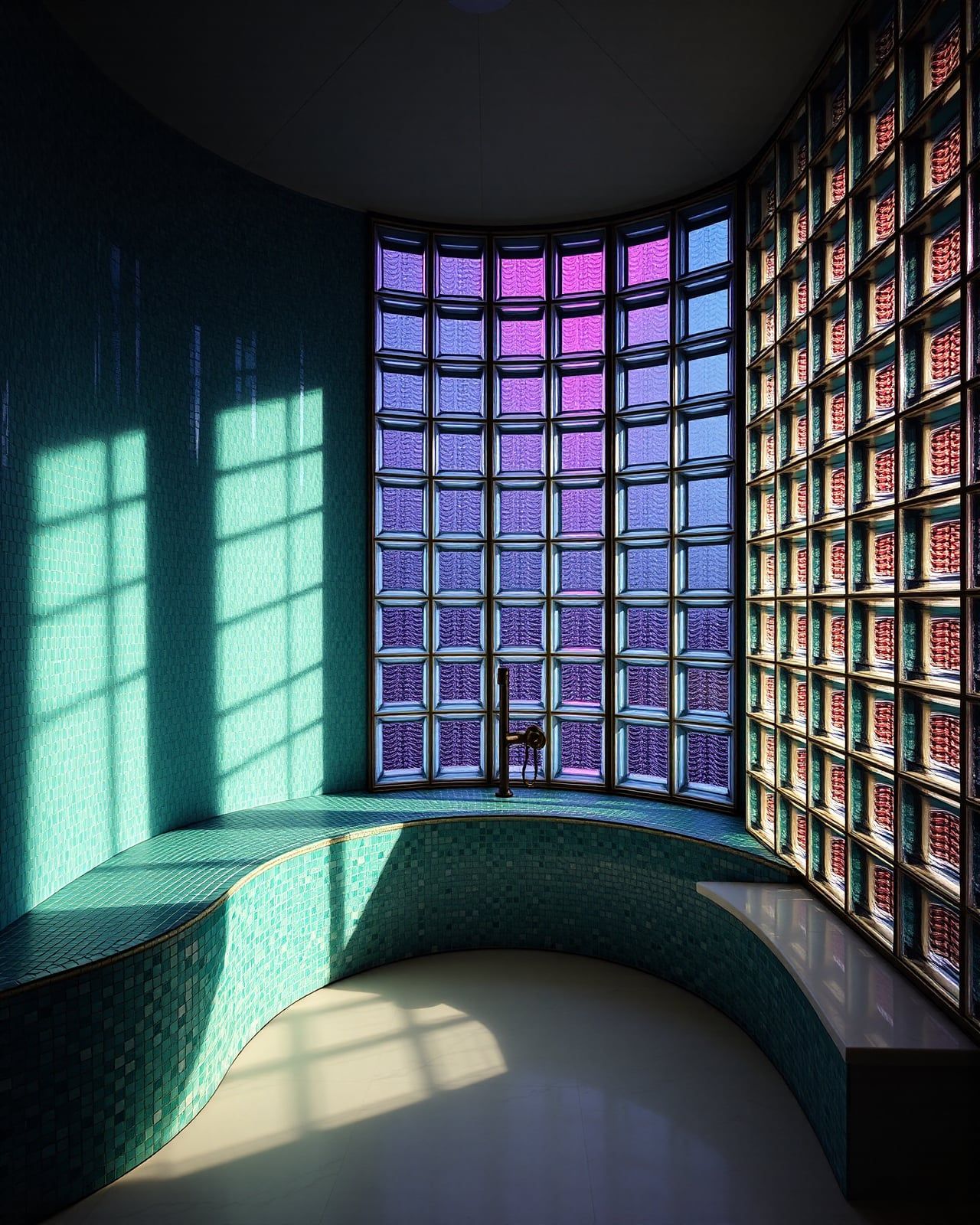 An oceanfront steam suite in Montauk — seaglass-tinted Marmorino walls, tumbled limestone bench wrapping the room, horizon-line glazing letting morning sea light onto the stone
