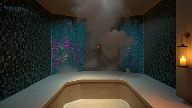 A candlelit steam room — marble bench wrapping the wall, jewel-tone mosaic on the back wall, dense steam catching the light