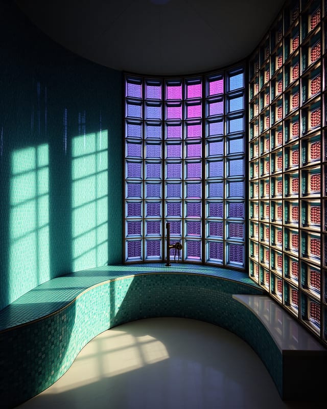 An oceanfront steam suite in Montauk — seaglass-tinted Marmorino walls, tumbled limestone bench wrapping the room, horizon-line glazing letting morning sea light onto the stone